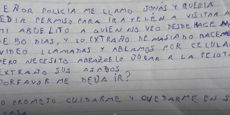 La tierna carta que un nene le escribió a un policía para que lo deje viajar a ver a su abuelo