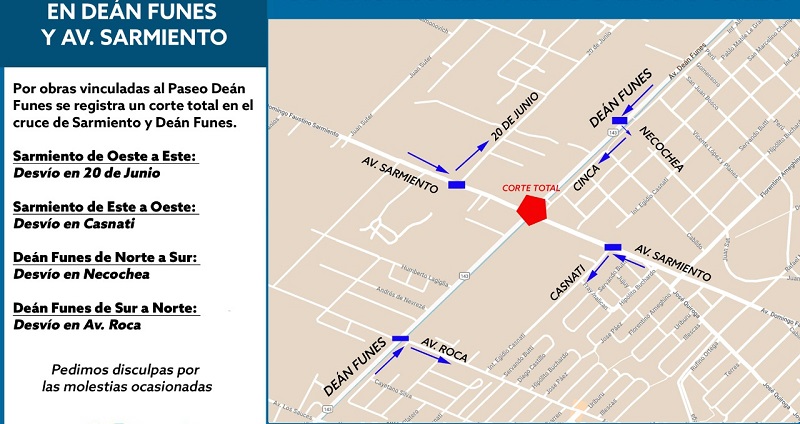 Desvío por corte total del cruce Dean Funes y Sarmiento